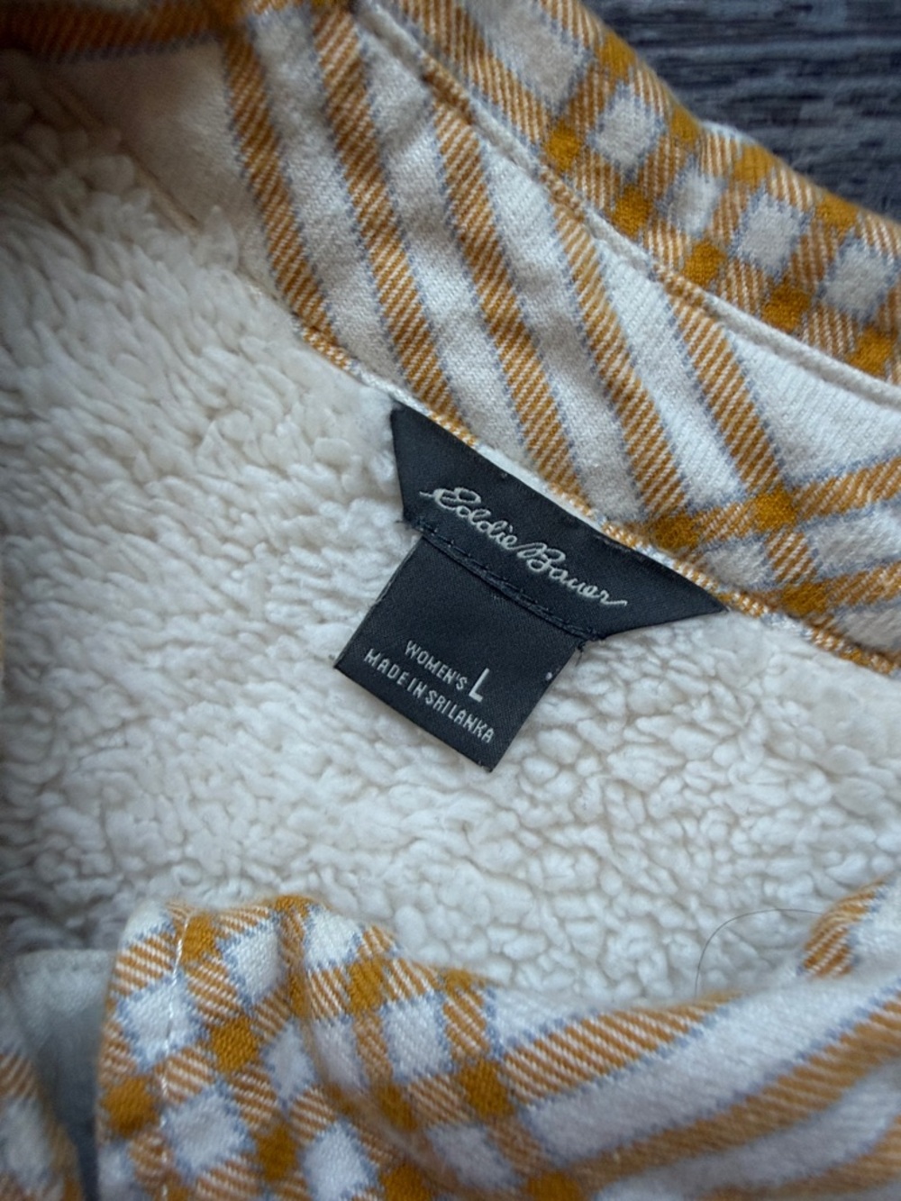 Eddie Bauer White and Mustard Plaid Sherpa-Lined Shirt Jacket - Picture 2 of 5